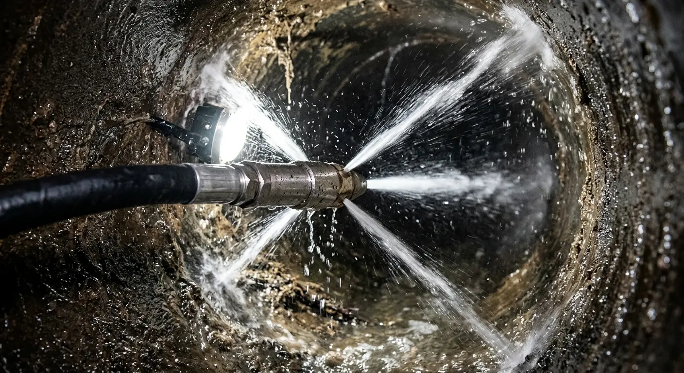 High-pressure hydro jetting nozzle cleaning sewer pipe for Sewer Cleanout in Auburn
